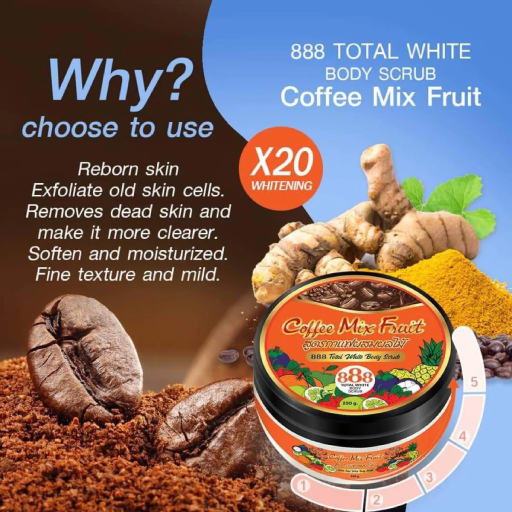 888 Total White Coffee Mix Fruit Whitening Body Scrub 888 Total White Coffee Mix Fruit Whitening Body Scrub